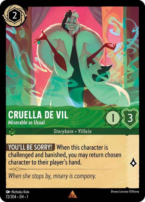 Disney Lorcana Trading Card Game - Rare - Cruella de Vil - Miserable as Usual - The First Chapter