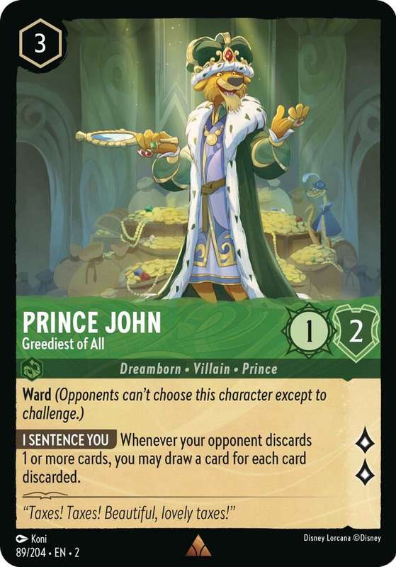 Disney Lorcana Trading Card Game - Rare - Prince John - Greediest of All - Rise of the Floodborn