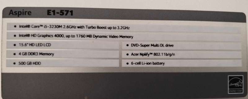Acer Aspire E1-571 Laptop (not working I ideal for spares)