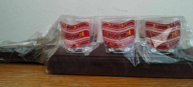 lions rugby tot glasses on a tray
