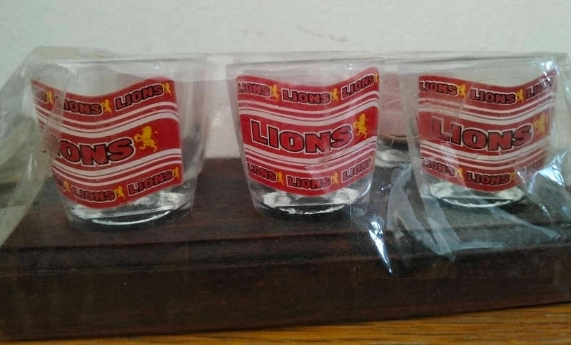 lions rugby tot glasses on a tray