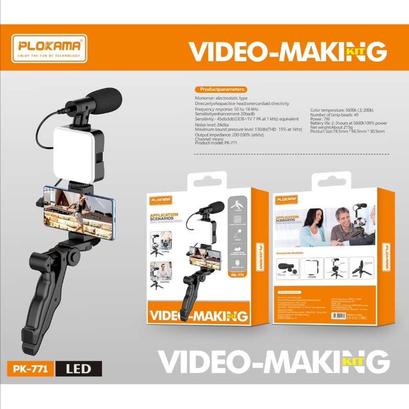 Plokama- foldable hand grip - desktop vlogging kit stabilizer with microphone - phone, camera holder