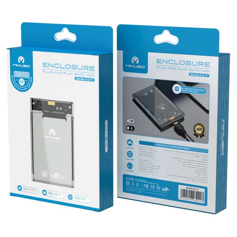 Mikuso hard drive enclosure - 2.5" sata usb 3.0 with clear case - se-l133