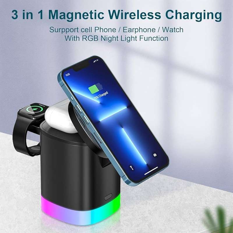 3 In 1 Magnetic wireless fast charger - Smart phone rbg ambient light charging station