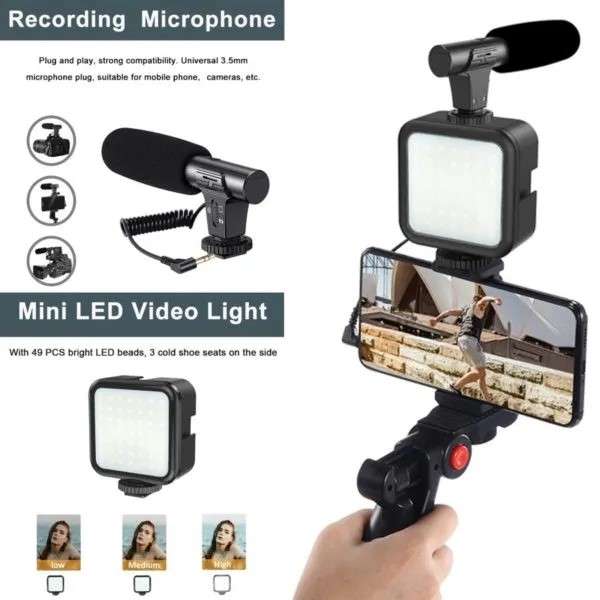 Plokama- foldable hand grip - desktop vlogging kit stabilizer with microphone - phone, camera holder