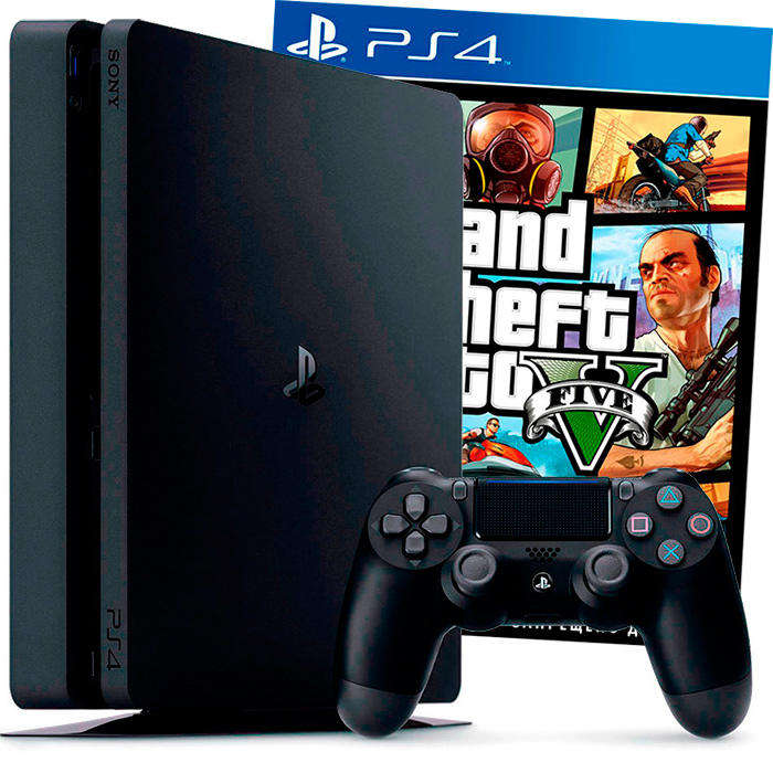 PS4 Slim Console 500GB with HDR, GTA V + 1 Controller & Cables