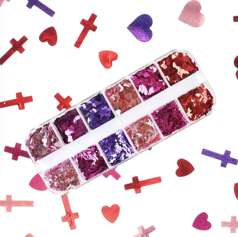 12 Grids Cross+Heart Nail Decoration