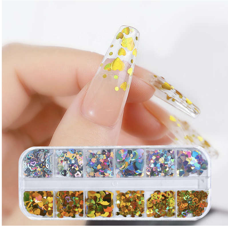 12 Grids Silver Gold Heart Nail decration