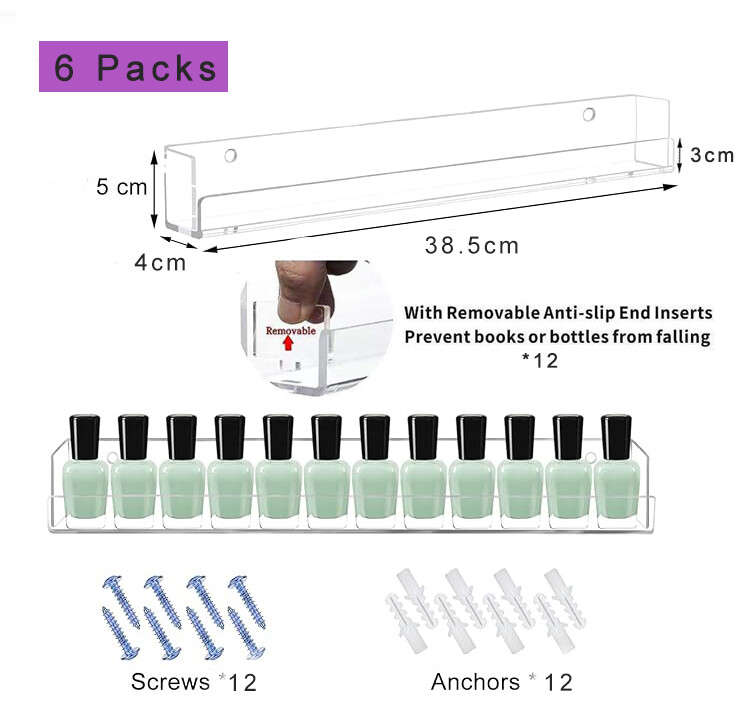 6 Pack Nail Polish Rack Wall Mounted Shelf, Clear Acrylic Nail Polish Organizer Display