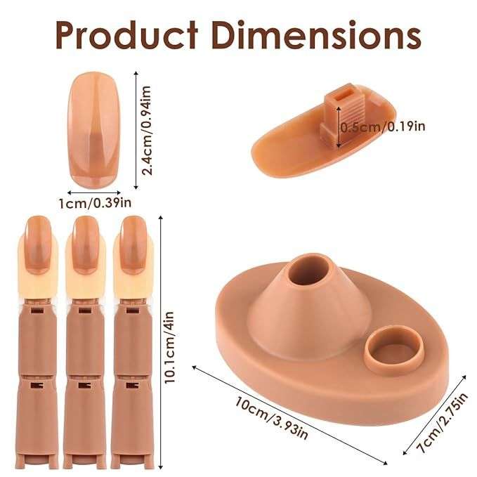 Acrylic Nail Training with 1 Base Stand, 3 Adjustable Fake Fingers, 100 Brown Nail Tips, Movable Tra