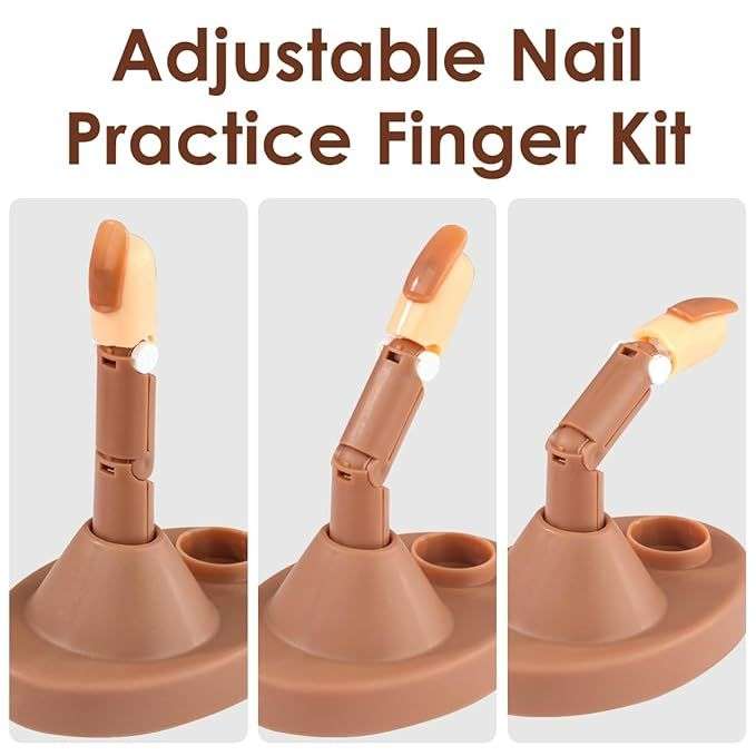 Acrylic Nail Training with 1 Base Stand, 3 Adjustable Fake Fingers, 100 Brown Nail Tips, Movable Tra