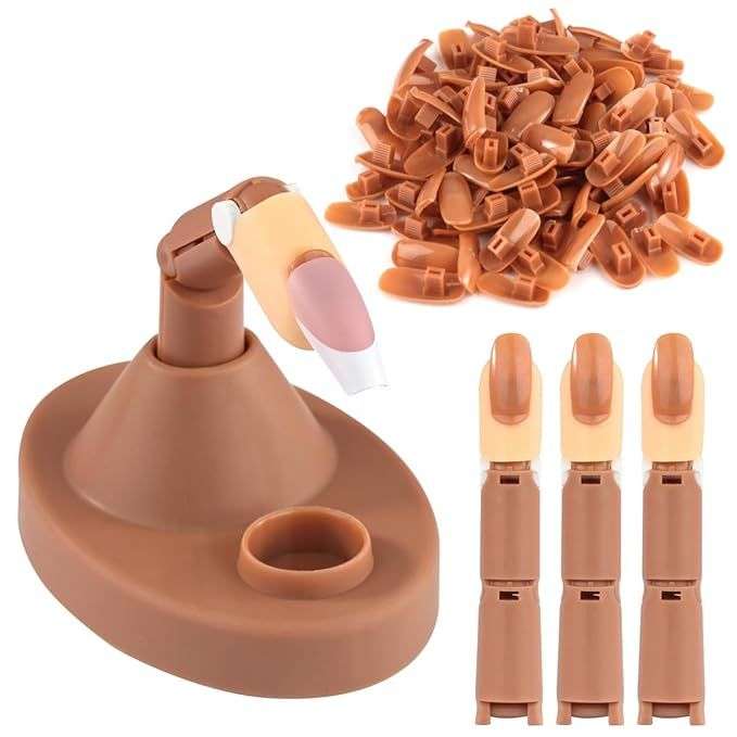 Acrylic Nail Training with 1 Base Stand, 3 Adjustable Fake Fingers, 100 Brown Nail Tips, Movable Tra