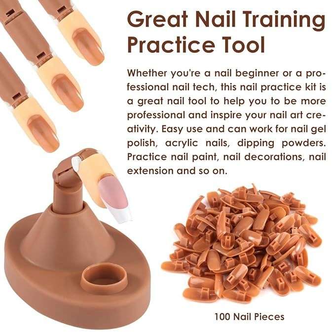Acrylic Nail Training with 1 Base Stand, 3 Adjustable Fake Fingers, 100 Brown Nail Tips, Movable Tra