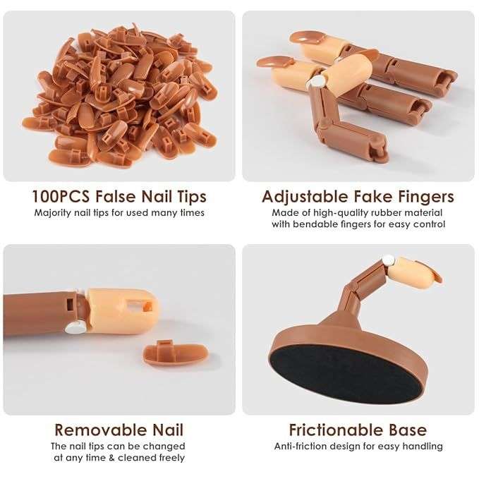 Acrylic Nail Training with 1 Base Stand, 3 Adjustable Fake Fingers, 100 Brown Nail Tips, Movable Tra