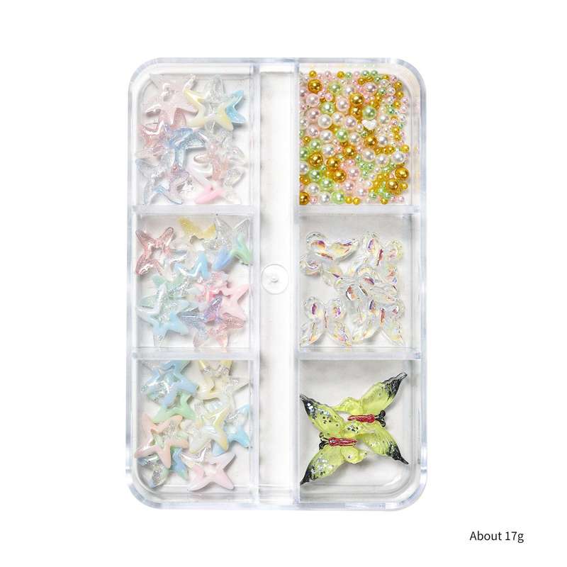 Luminous nail accessories three-color bow starfish resin 6-grid box three-dimensional fairy 4