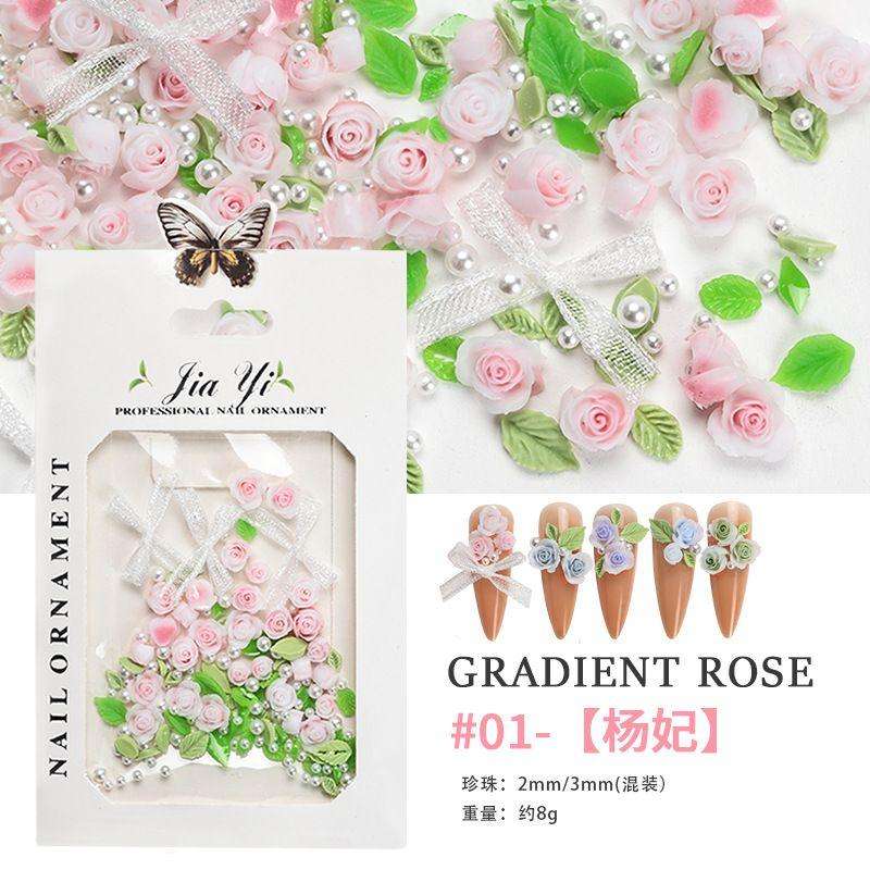 Nail art rose rose three-dimensional jewelry large and small mixed pearl resin smudge camellia  1