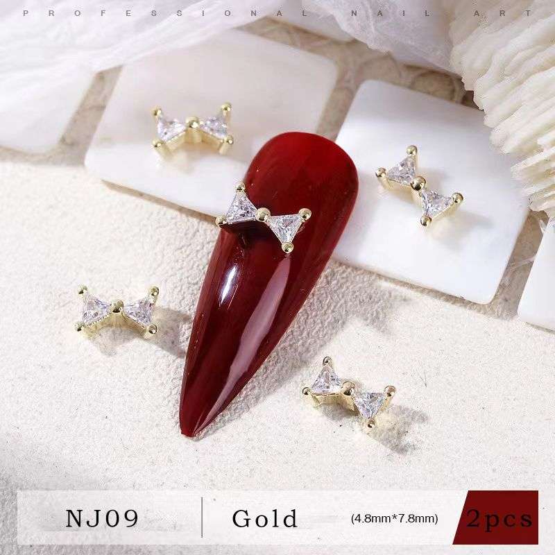 Nail Bow Tie 01# Rhinestone 2pcs - Gold - 4.8x7.8mm