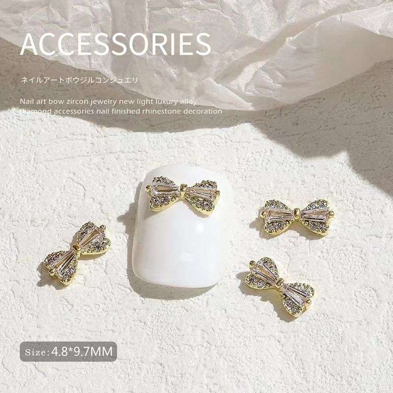 Nail Bow Tie 08# Rhinestone 2pcs -  Gold - 4.8x9.7mm