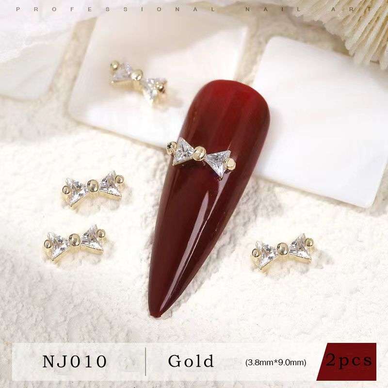 Nail Bow Tie 02# Rhinestone 2pcs - Gold - 3.8x9mm