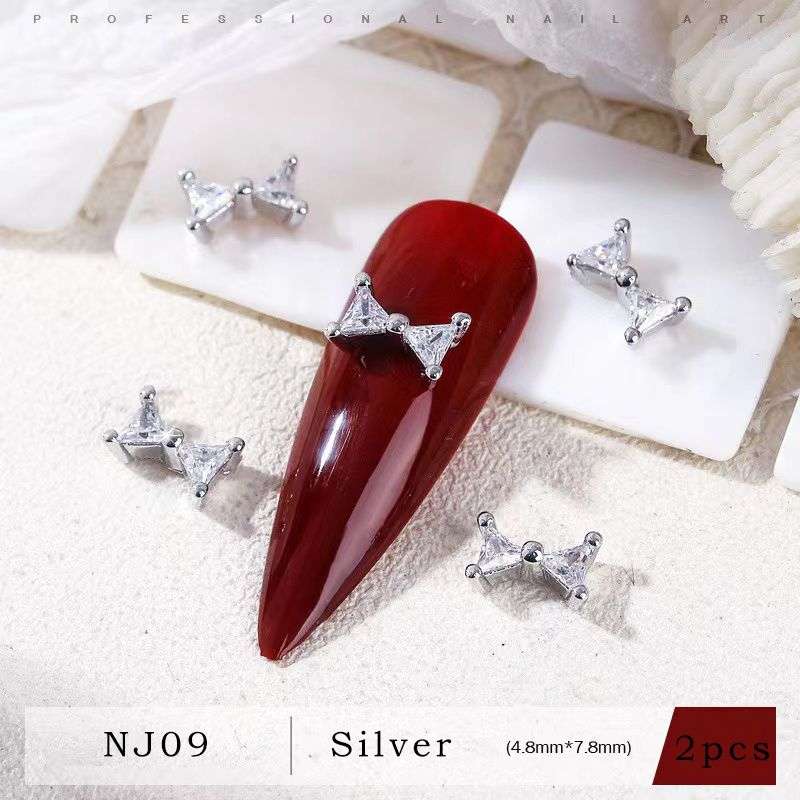 Nail Bow Tie 01# Rhinestone 2pcs - Silver - 4.8x7.8mm