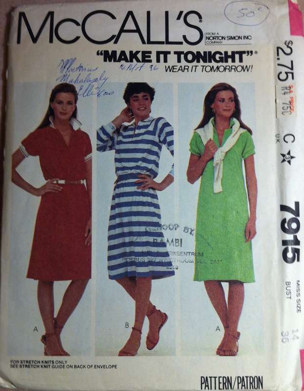 McCalls 7915 Dress for stretch knits. Size 14 / B36. Complete Uncut F/F