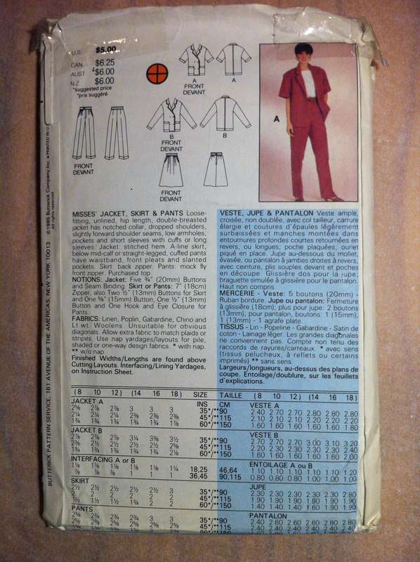 Butterick 3177 Jacket. Skirt and Pants. Size 8, 10, 12. Complete Uncut F/F