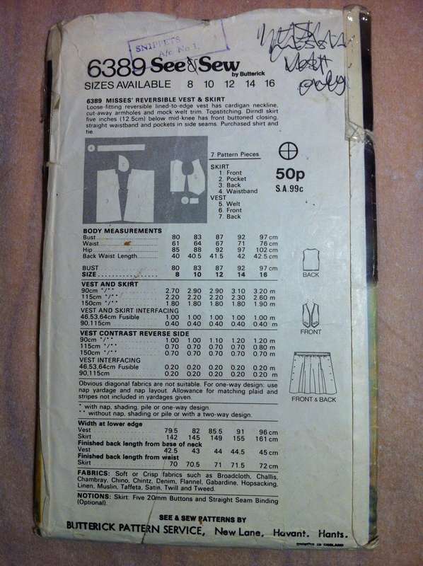 See & Sew 6389 Reversible Vest and Skirt. Size 10. Complete.