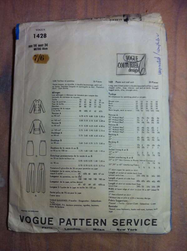 Vogue 1428 Pants Suit & Suit. Size 14. Unprinted Pattern. Complete