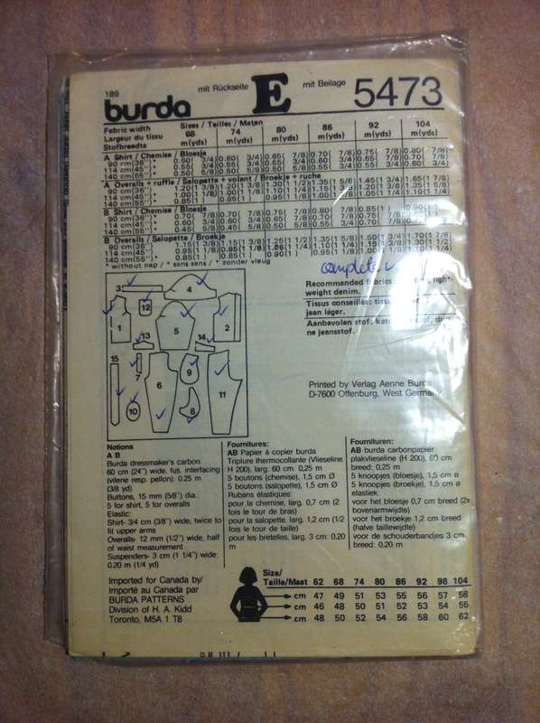 Burda 5473 Toddlers Romper & Shirt. Size 6M - 4. Cut on 4. Complete