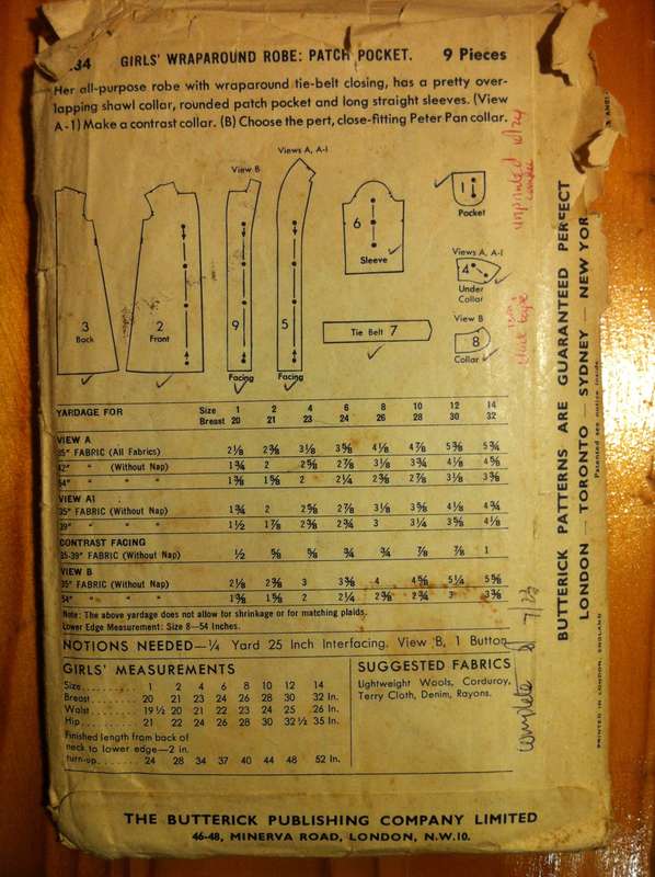 Butterick 6234 Girls Robe. Chest 69cm. Unprinted Pattern with Worn Pieces. Complete
