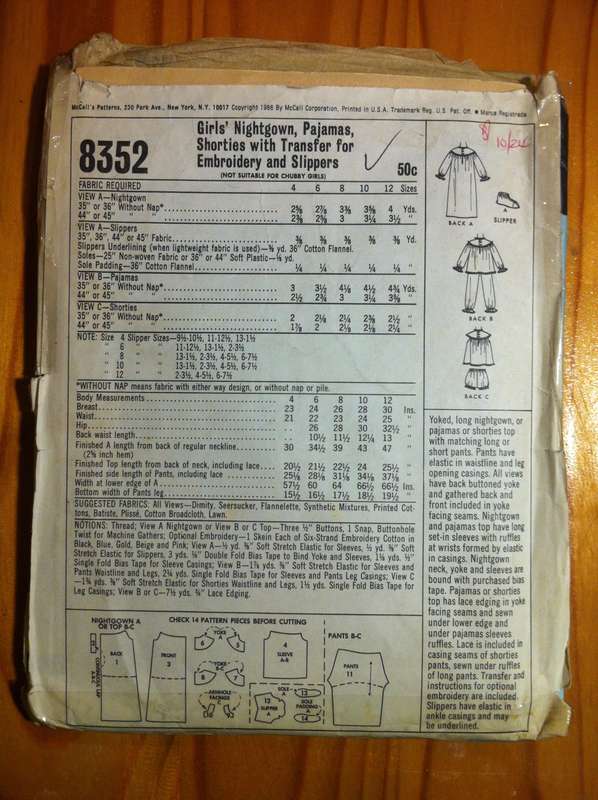 McCalls 8352 Nightgown, Pyjamas, Shorties & Slippers. Size 10 / 68 cm Chest. No Embroidery Transfer