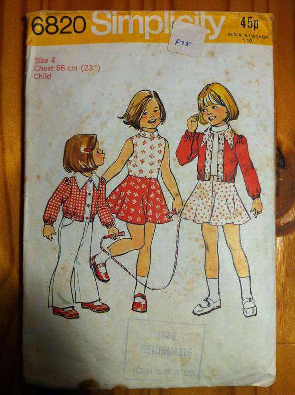 Simplicity 6820 Child Unlined Jacket and Dress. Size 4 / Chest 58cm. Complete