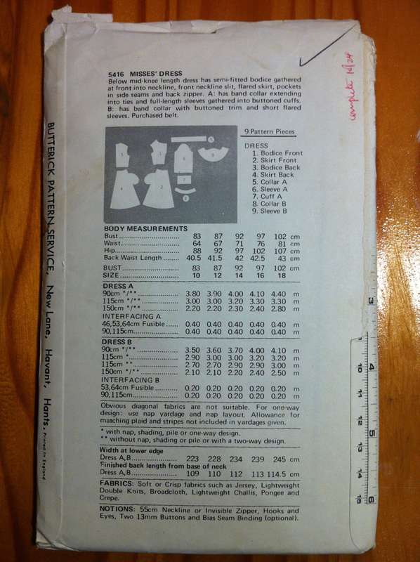 Butterick 5416 Dress. Size 10. Complete