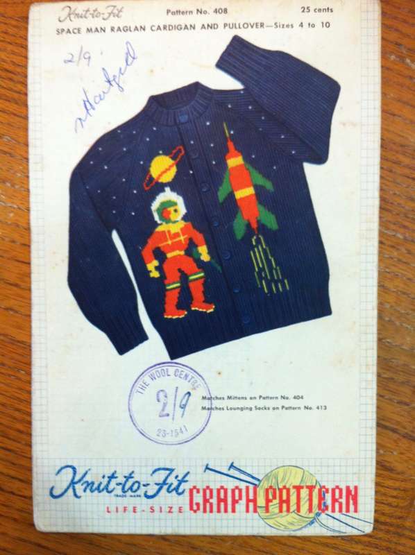 Knit O Graph Space Man Raglan Cardigan and Pullover. Child Sizes 4-10.