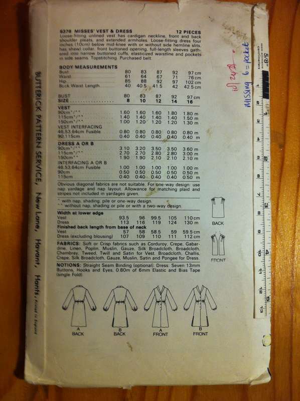 Butterick 6378 Vest and Dress. Size 12. Missing 6/Pocket