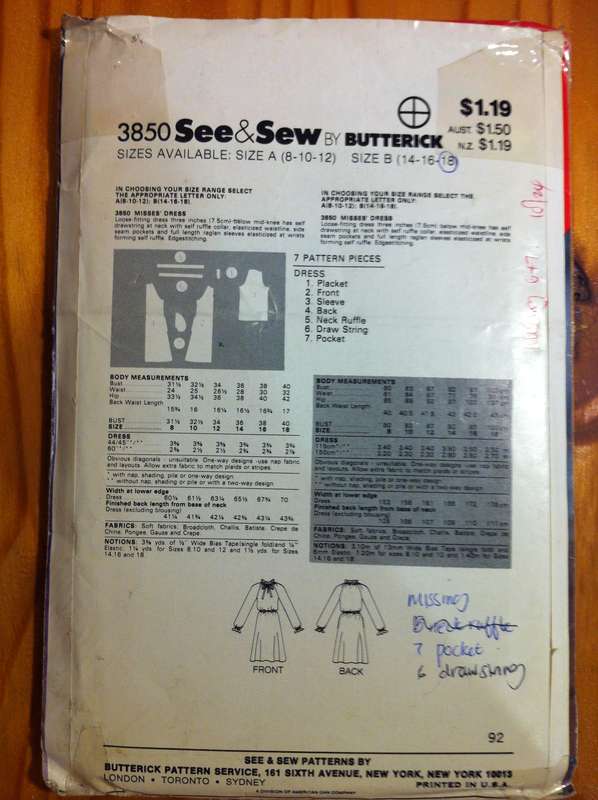 See & Sew 3850 Misses' Dress. Size 14,16,18. Cut on 18. Missing 7/Pocket & 6/ Drawstring