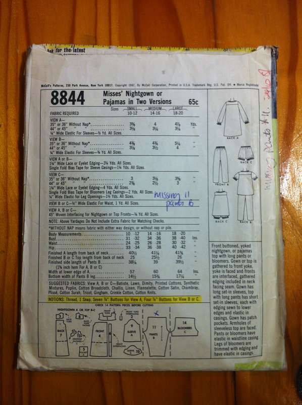 McCalls 8844 Nightgown or Pyjamas. Size SML. Missing 11/Pants.