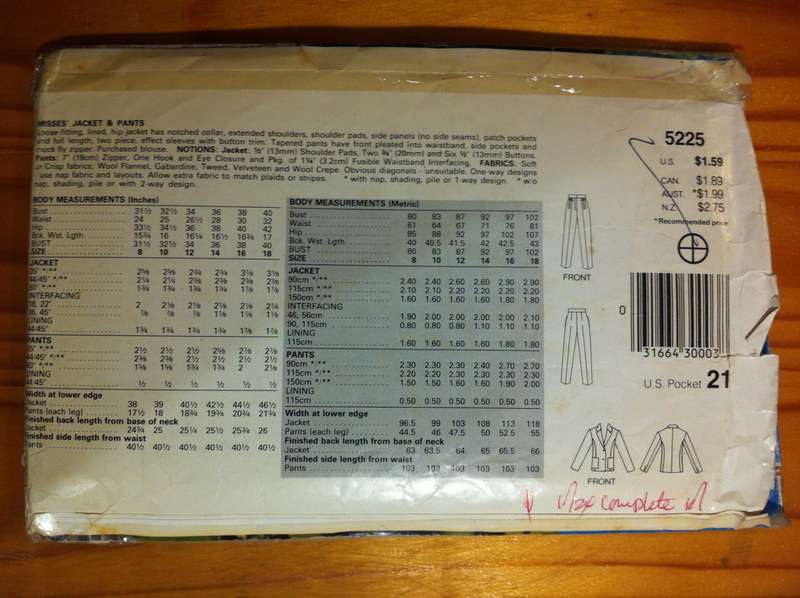 See & Sew 5225 Jacket and Pants. Size 8,10,12. Complete