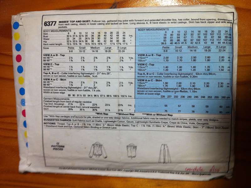 McCalls 6377 Pullover Top and Skirt. Size Sml. Complete