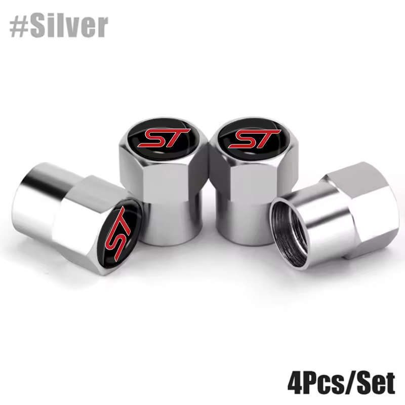 FORD ST Valve Caps - Silver with RED "ST" logo (Set of 4)