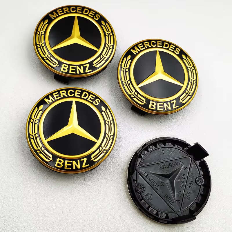 4x 75mm Wheel Centre Cap for Mercedes Benz (Gold on Black)