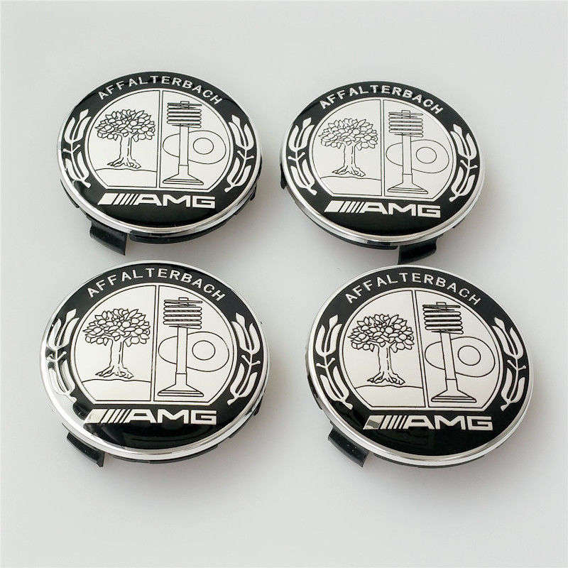 4x 75mm Wheel Centre Cap for Mercedes Benz AMG (Chrome on Black Logo)