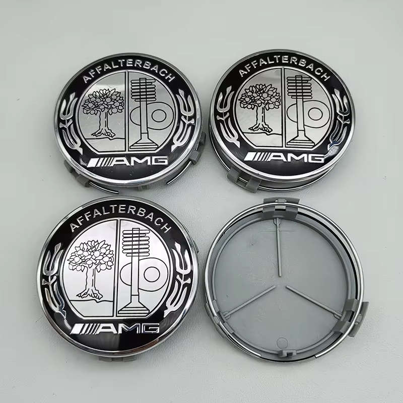 4x 75mm Wheel Centre Cap for Mercedes Benz AMG (Chrome on Black Logo)