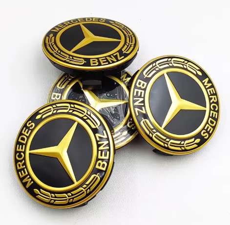 4x 75mm Wheel Centre Cap for Mercedes Benz (Gold on Black)