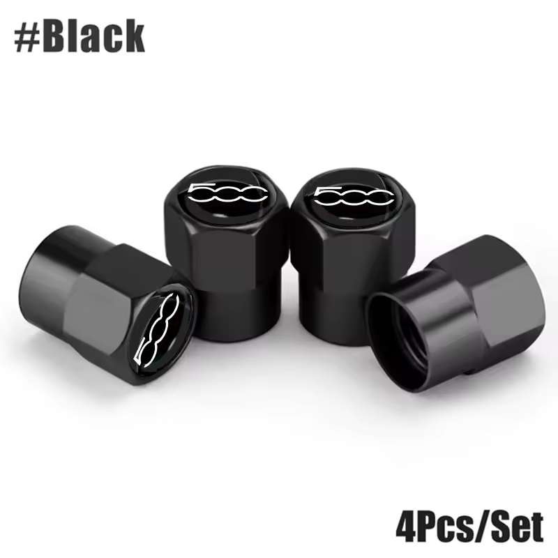 FIAT 500 Valve Caps (Black with 500 logo) (Set of 4)