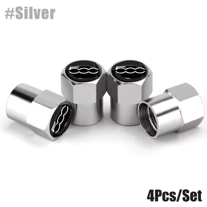 FIAT 500 Valve Caps (Silver with 500 logo) (Set of 4)