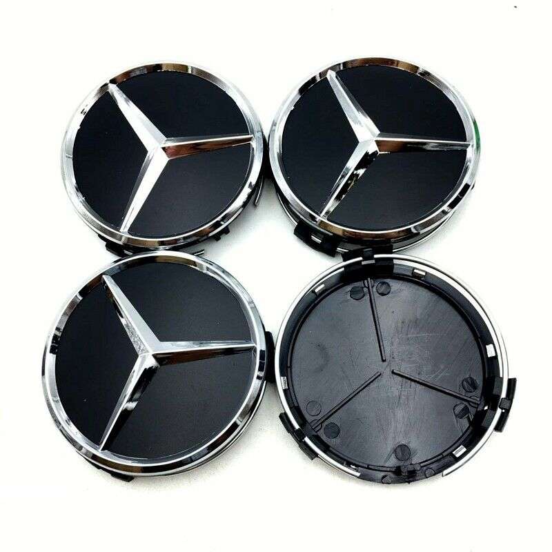 4x 75mm Wheel Centre Cap for Mercedes Benz (Chrome on GLOSSY Black)