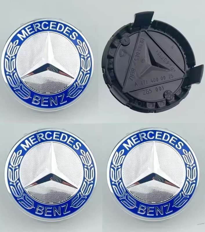 4x 75mm Wheel Centre Cap for Mercedes Benz (Light Blue on Chrome)