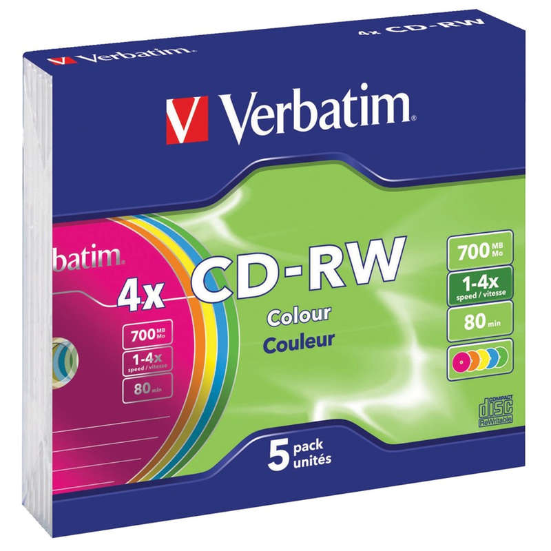 Verbatim CD RW 80 min 4x Slim Case 5pk Colour