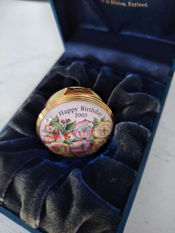 Stunning vintage enamel pill box in original box